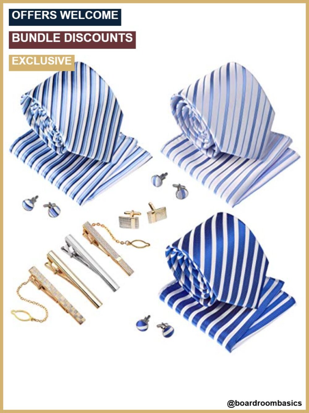 Premium Men's Tie Set with Pocket Squares, Tie Clips & Cufflinks - Gift Box